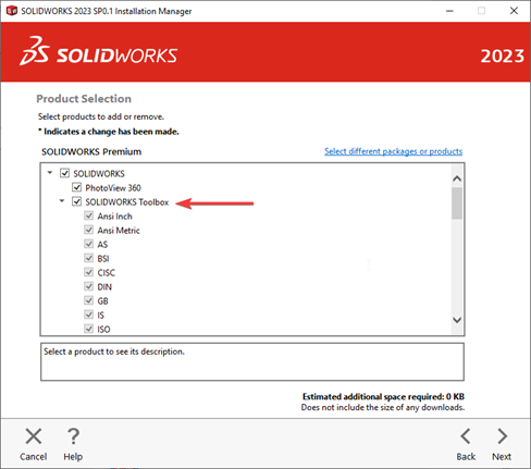 Solidworks product selection page showing the Toolbox item