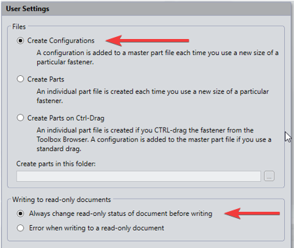 The user settings menu with Create Configurations and Always change read-only options selected