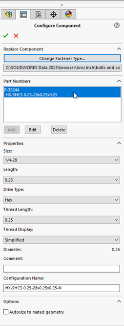 Image of the Configuration Component Property Menu