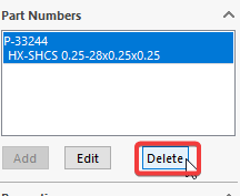 Showing the delete button for part numbers