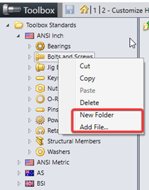 Image showing the right click menu of the folder in the Toolbox configure tool