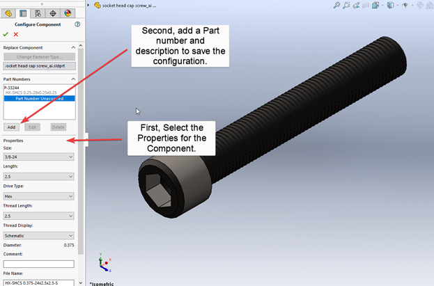 Image of the Configure Component menu with the add button