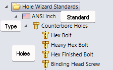 shows the tree structure of the hole wizard folders