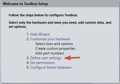 Image of welcome to toolbox setup pointing to define user settings