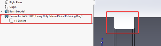 Iamge of the feature tree showing the groove feature