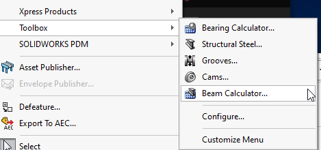 Image of the beam calculator loaction in the Tools dropdown menu