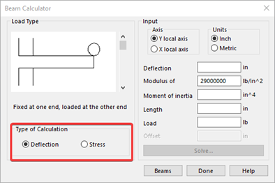 beam calculator pop up menu