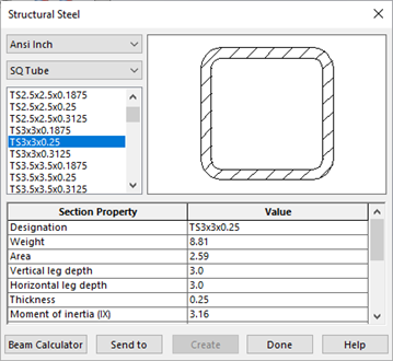 image of the beam calculator showing the profile selections option