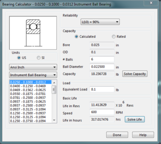 bearing calculator pop up menu