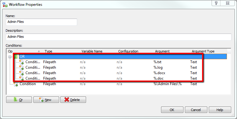 Admin Files Conditions highlighted