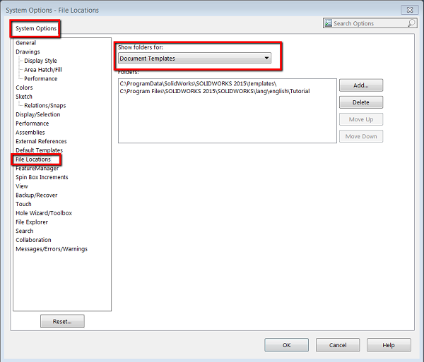 system options file locations dropdown menu
