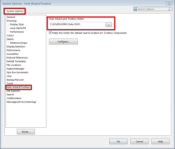 system options hole wizard toolbox change location highlighted