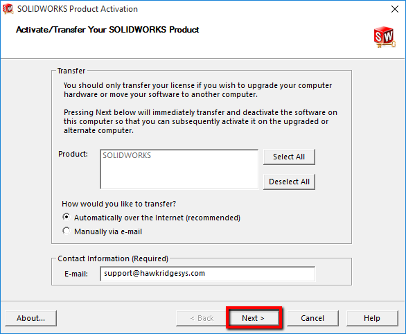 SOLIDWORKS Product Activation Window