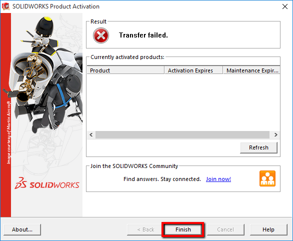 Transfer Failed Activation Window