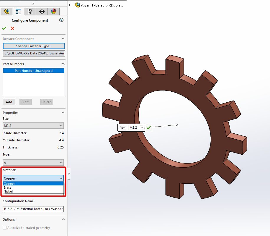 Material appears when inserting a Toolbox component into an assembly