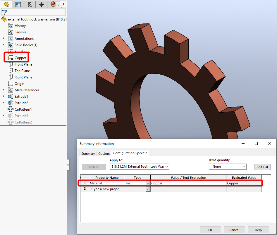 Material appears in the model as shown in the custom properties and feature tree