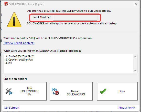 SOLIDWORKS Error Report seen after a crash with a blank Fault Module