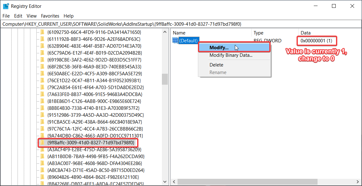 Registry Editor showing the key for the SolidProfessor add-in with a value of 1, enabled on startup