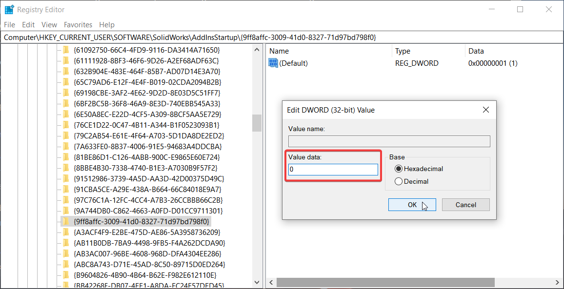 Disable the SolidProfessor add-in in the Registry Editor by changing the data value to 0