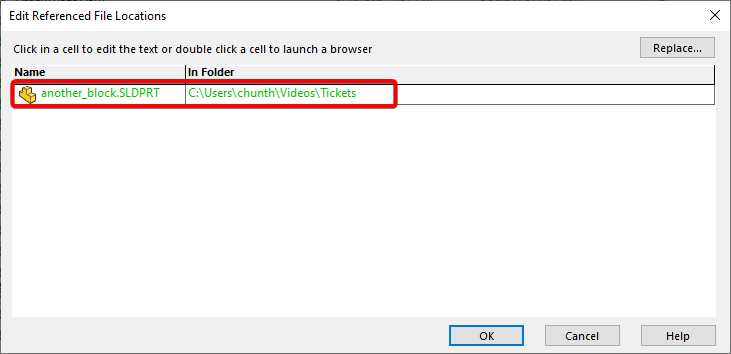 Image of the Edit Referenced File Locations menu with new file refrenced