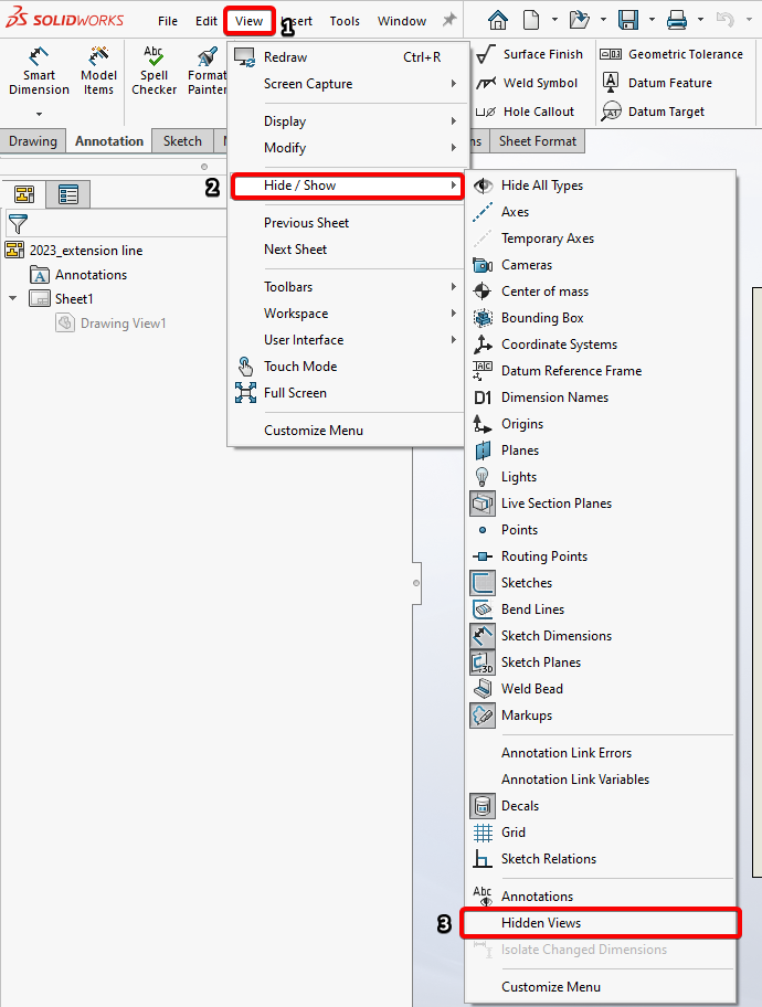 Shows the drop-down menu for View and the selectiong for Hidden Views