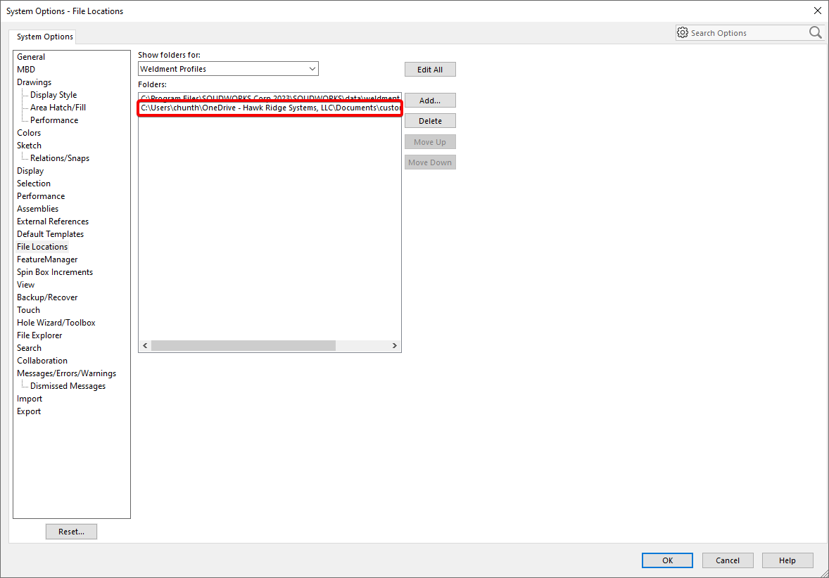 shows an additional path has been added to the folder box