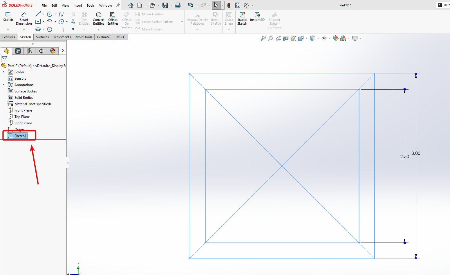 sketch feature is selected/highlighted in the FeatureTree