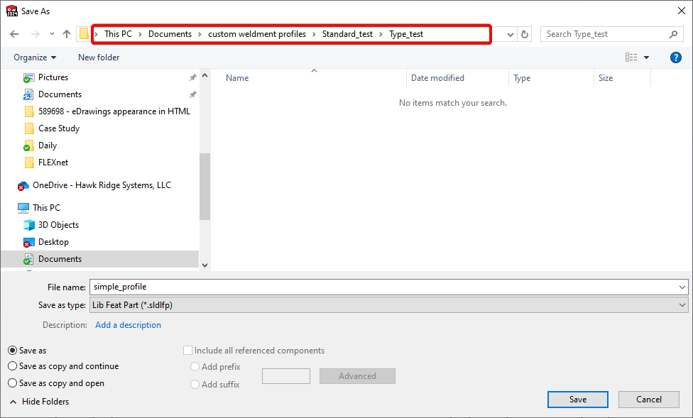 file explorer has been browsed to the location of the weldment profiles folder, and is inside of type and standard folder