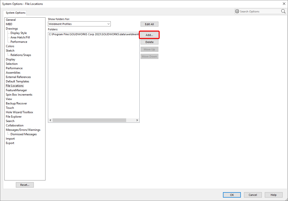 the add button in the file location dialog box is highlighted