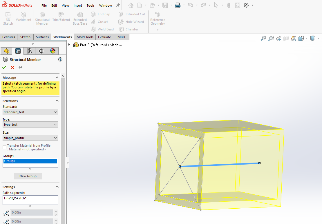 this shows the Standard, Type, and Size fileds in the Structural Member's PropertyManager has been filled out. The sketch has been selected in the viewport and the member is correctly previewed.