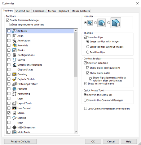 Image of the customization menu