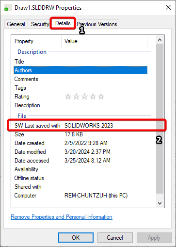 Image of Properties menu result for previous version file