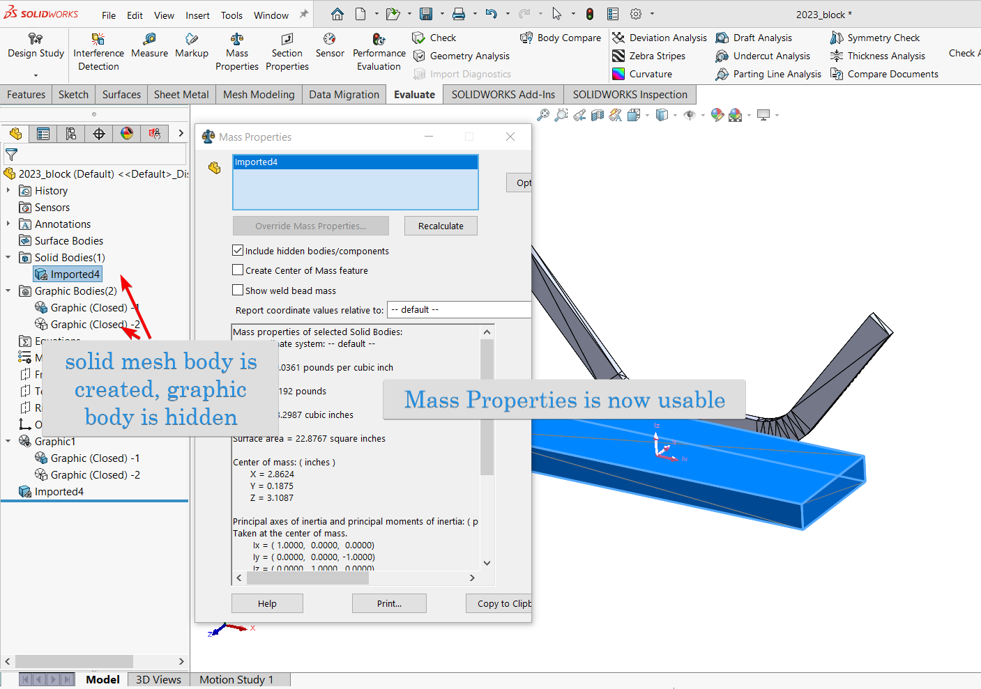 mesh solid body and graphic body are highlighted, mass properties dialog window showing.png