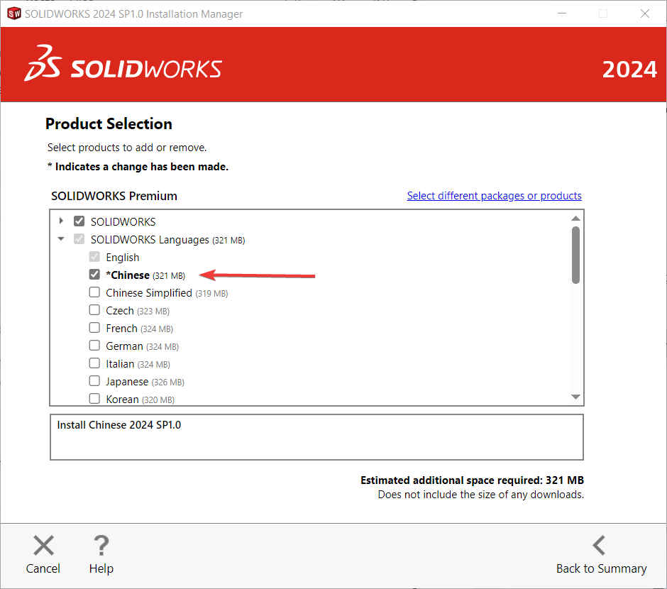Selecting a language file under selected products
