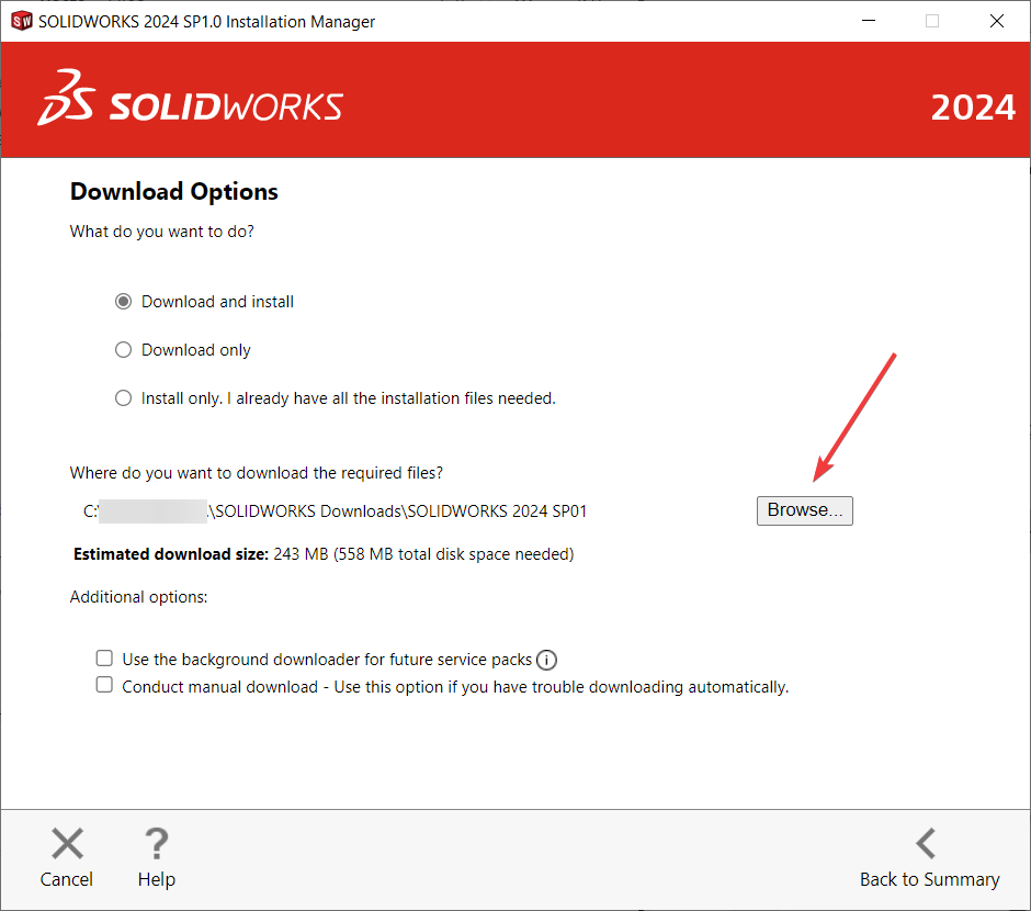 Locating browse button on download options page