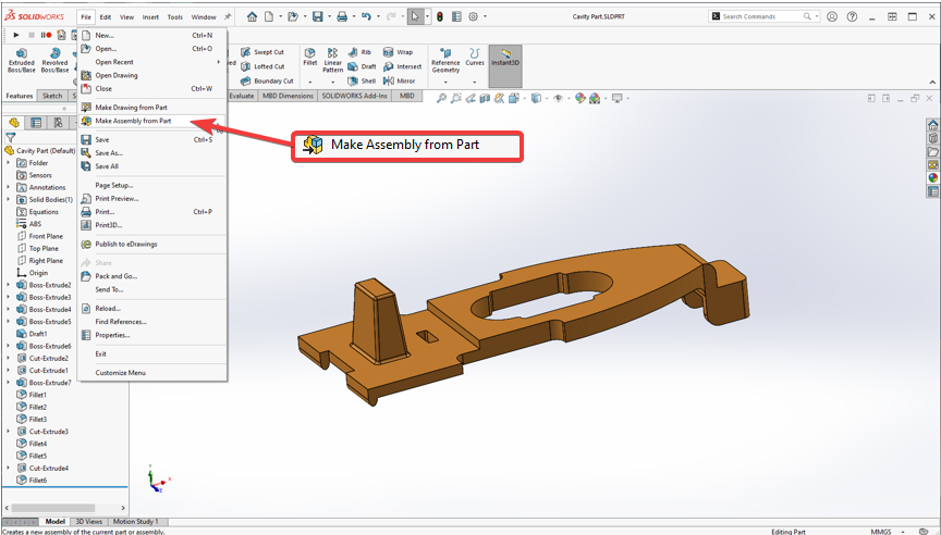 Image of the menu for Make Assembly from part option