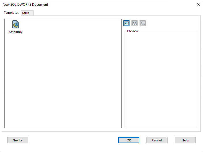 The New SolidWorks Document menu showing Assembly