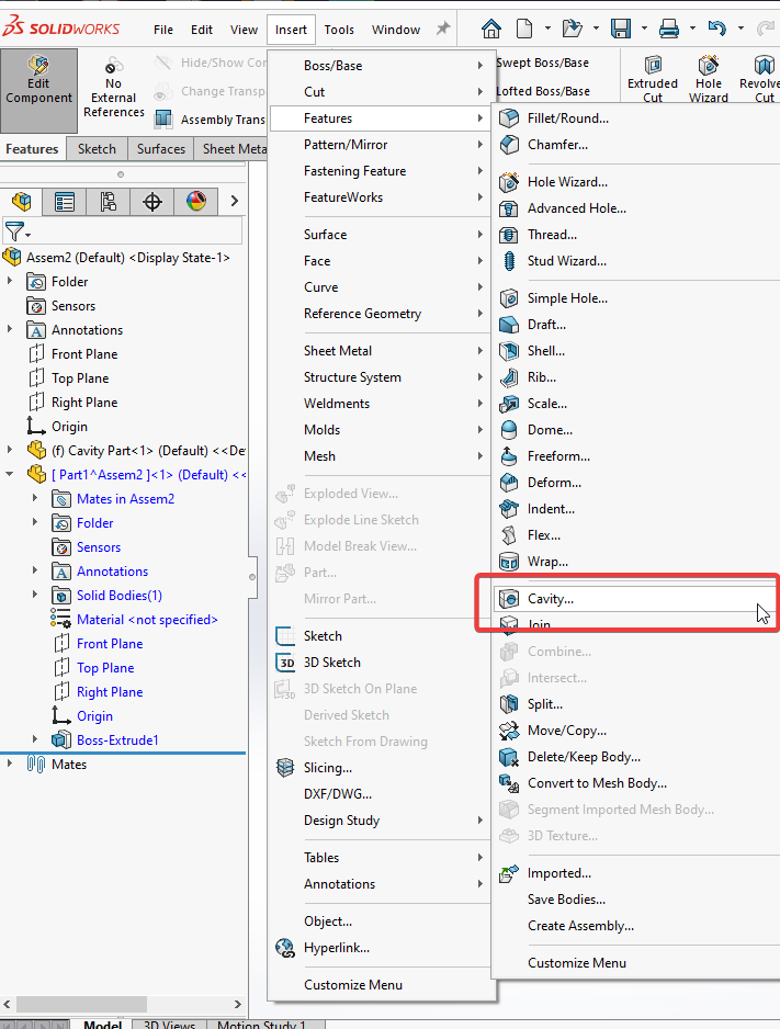 Image showing the cavity feature in the insert menu