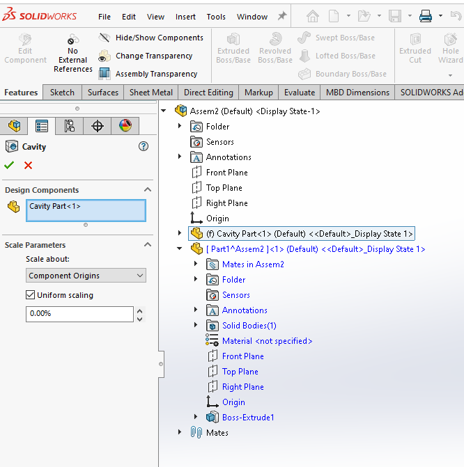 The Cavity Feature Property Manager showing the design component selection