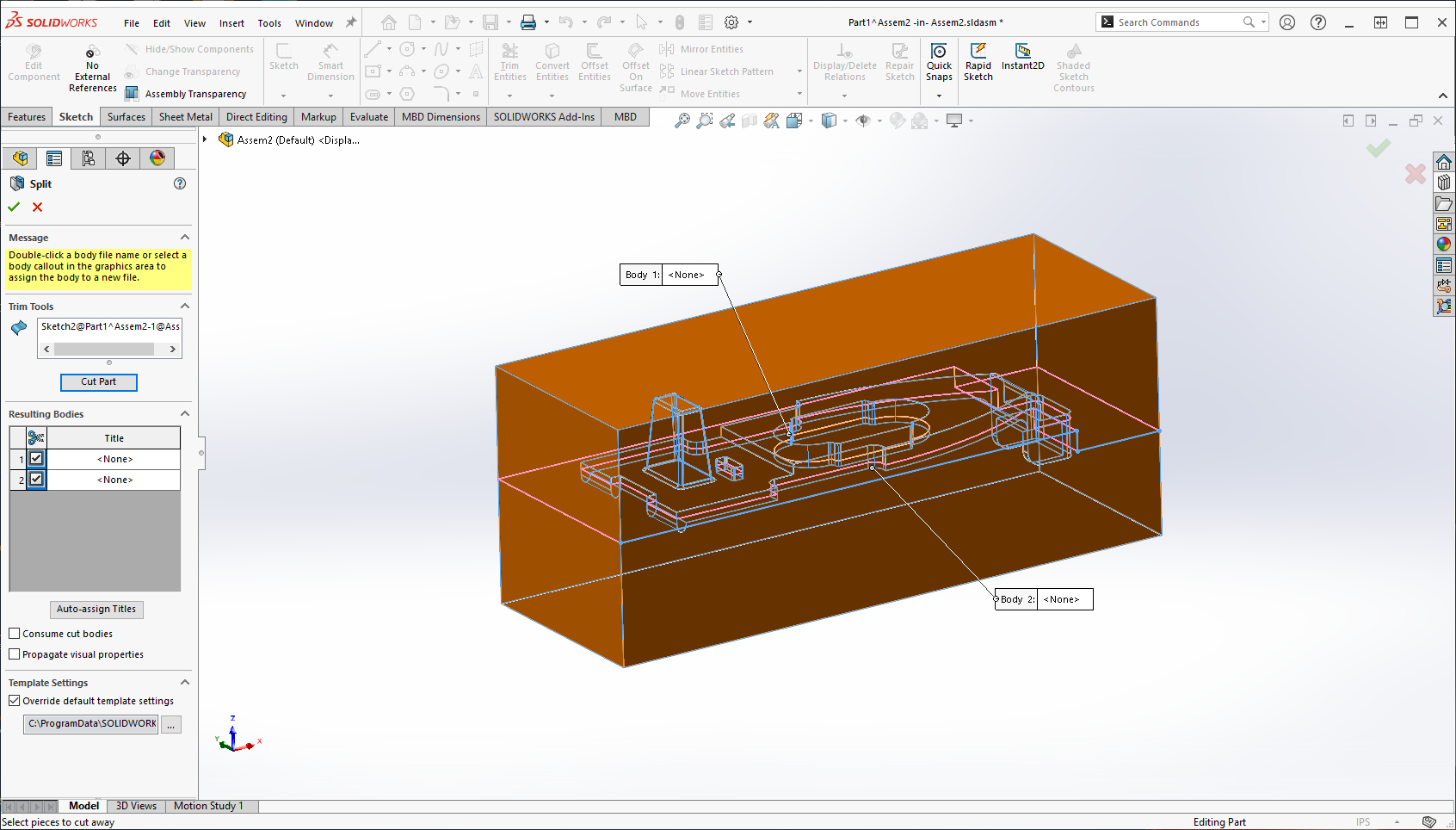 Showing the resultant of the split command and selecting bodies