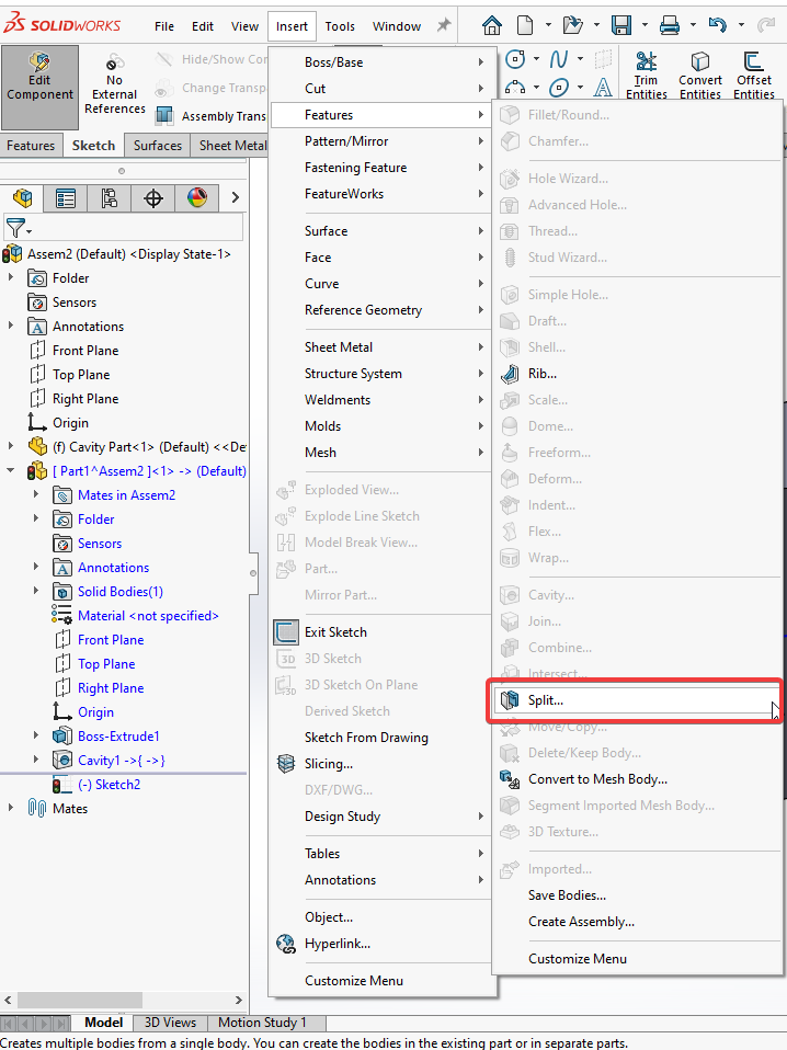 Image of the Split feature in the insert menu