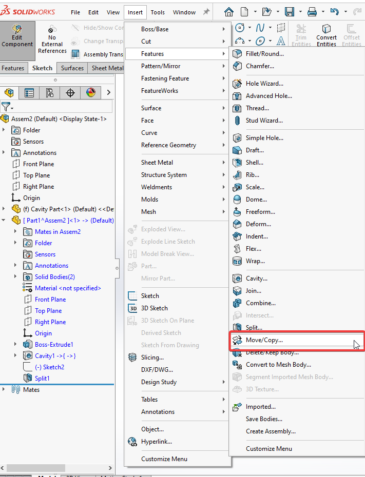 Image showing the Move/Copy Body feature in insert menu