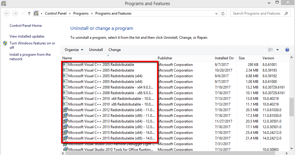 Image of Program and Features Menu showing Visual C++