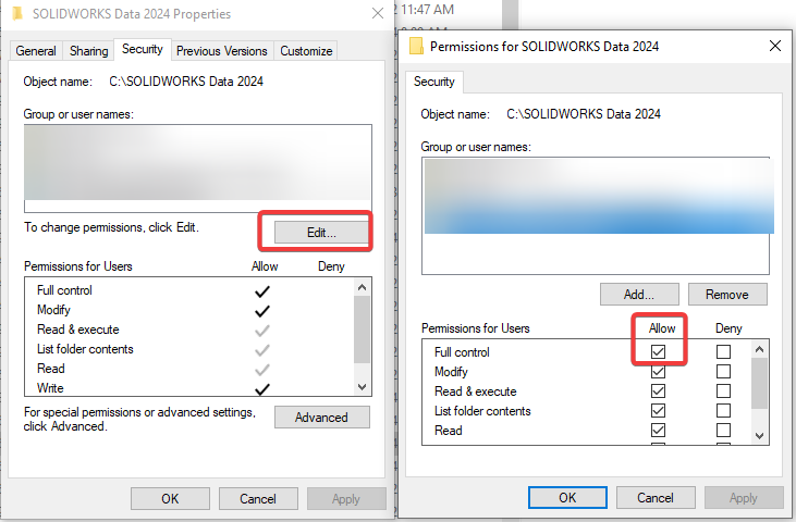 Images of the properties menu for setting full control