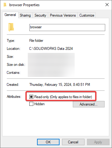 Image of the properties menu for setting read-only