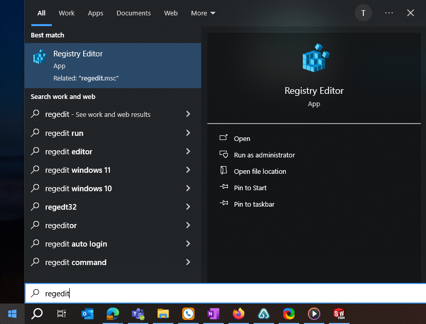 The Windows start menu, with regedit typed in the search bar and Registry Editor appearing as the first result.