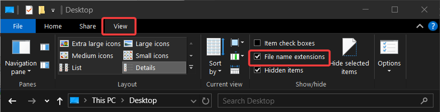 File Explorer with the View tab open and File Name Extensions checked on.