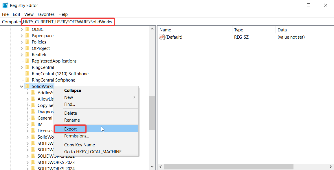 Registry Editor with HKEY_CURRENT_USER/Software/SolidWorks highlighted and the right click menu open, with Export highlighted