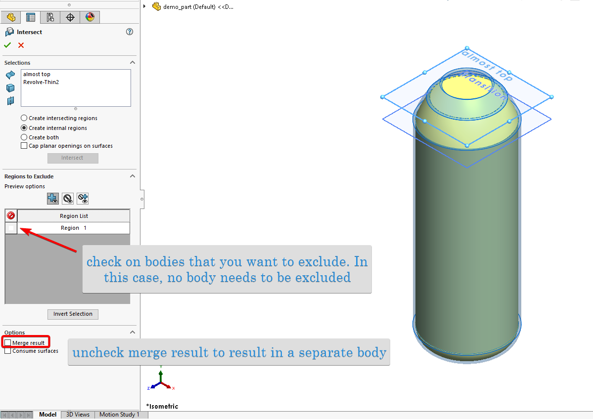 intersect tool property manager, check on body to exclude, uncheck merge result for separate body.png
