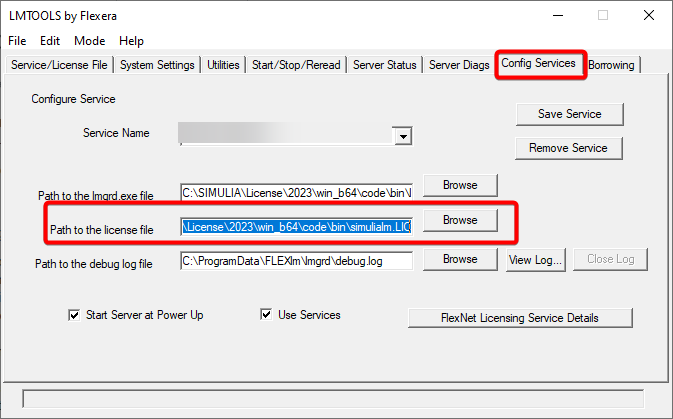 Config Services Tab in FLEXNet Licensing Utilities.png